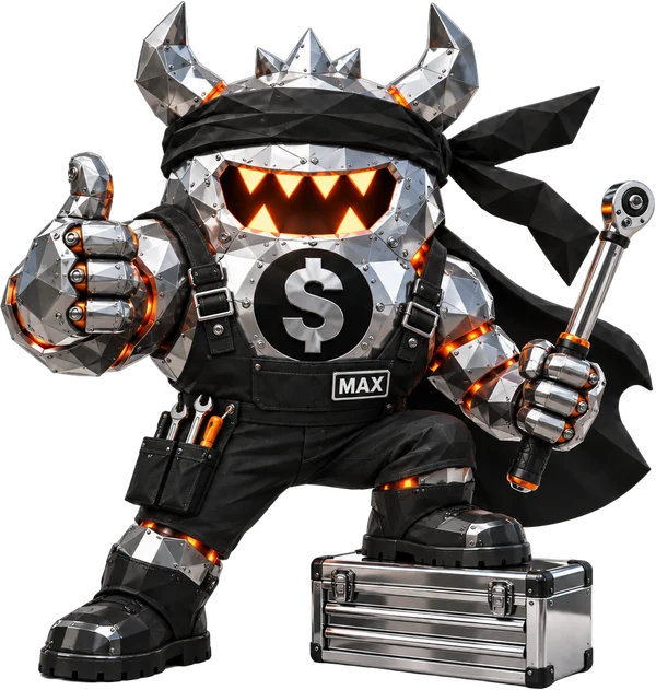 Max the robot mechanic giving a thumbs up with a torque wrench, one boot on a chrome toolbox